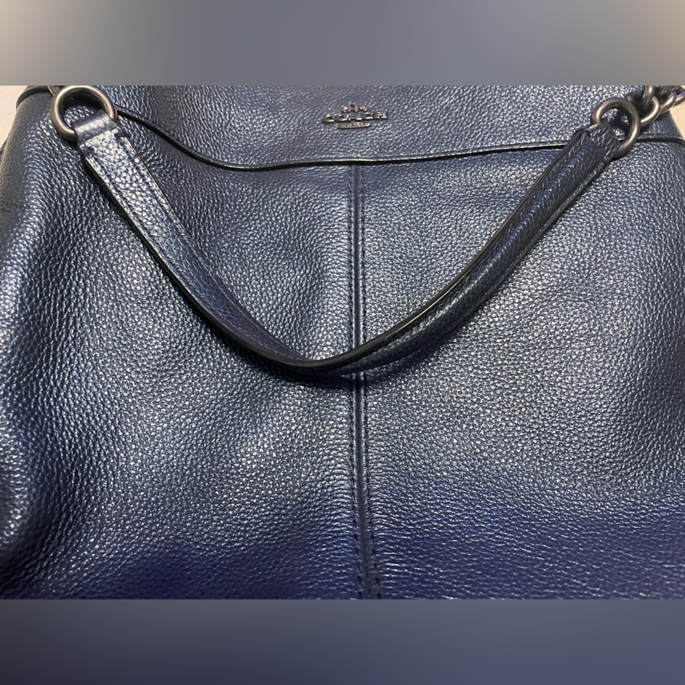 Coach Lexi Chain Shoulder Bag Metallic Navy Blue Leather Purse Handbag - Picture 7 of 15